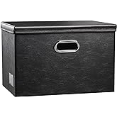 PRANDOM Large Collapsible Storage Bin with Lid [1-Pack] Leather Fabric Foldable Storage Box Organizer Containes Basket Cube with Cover for Home Bedroom Closet Office Nursery Black (17.7x11.8x11.8)