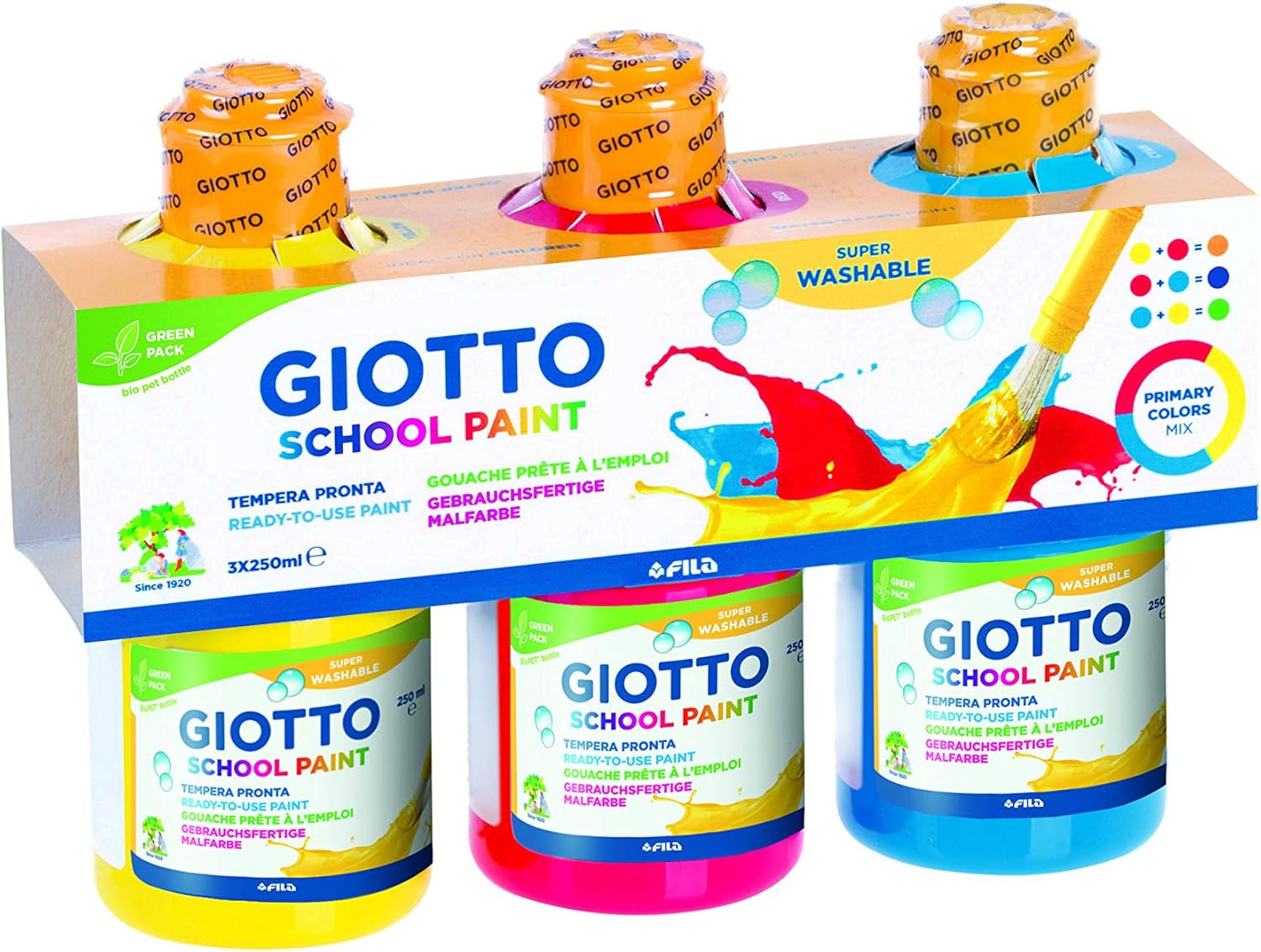 GIOTTO SCHOOL PAINT SET 3X250 ML CYANYELLOWRED, 542400 BigaMart
