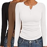 Ekouaer Women's Long Sleeve Shirts 3 Packs Henley Button Down Tops Ribbed Slim Fit Base Layer Soft Thermal Tee