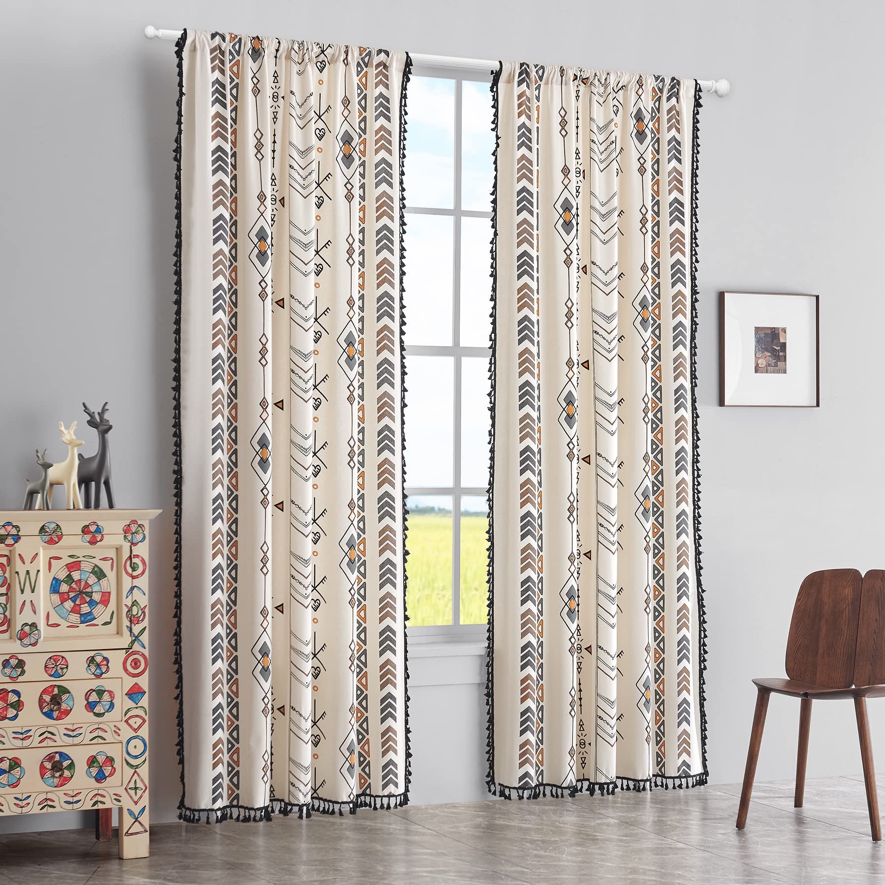 Coral Fish Boho Window Curtains - Geometric Pattern Tassel Bordered for Bedroom and Living Room - Cotton Rod Pocket Drapes (59" W x 63" L, 1 Panel)