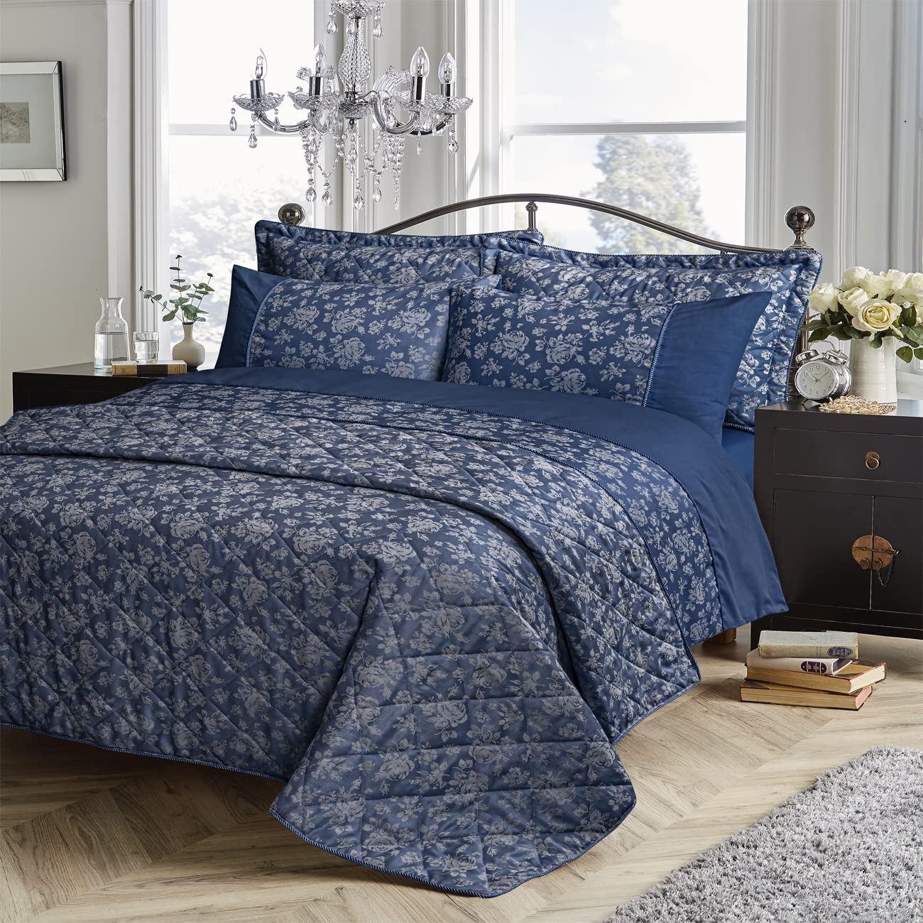 Olivia Rocco Kew Jacquard Duvet Cover Set Easy Care Double King Super King Size Quilt Bed Set Covers & Pillowcases Bedding (Single, Navy)