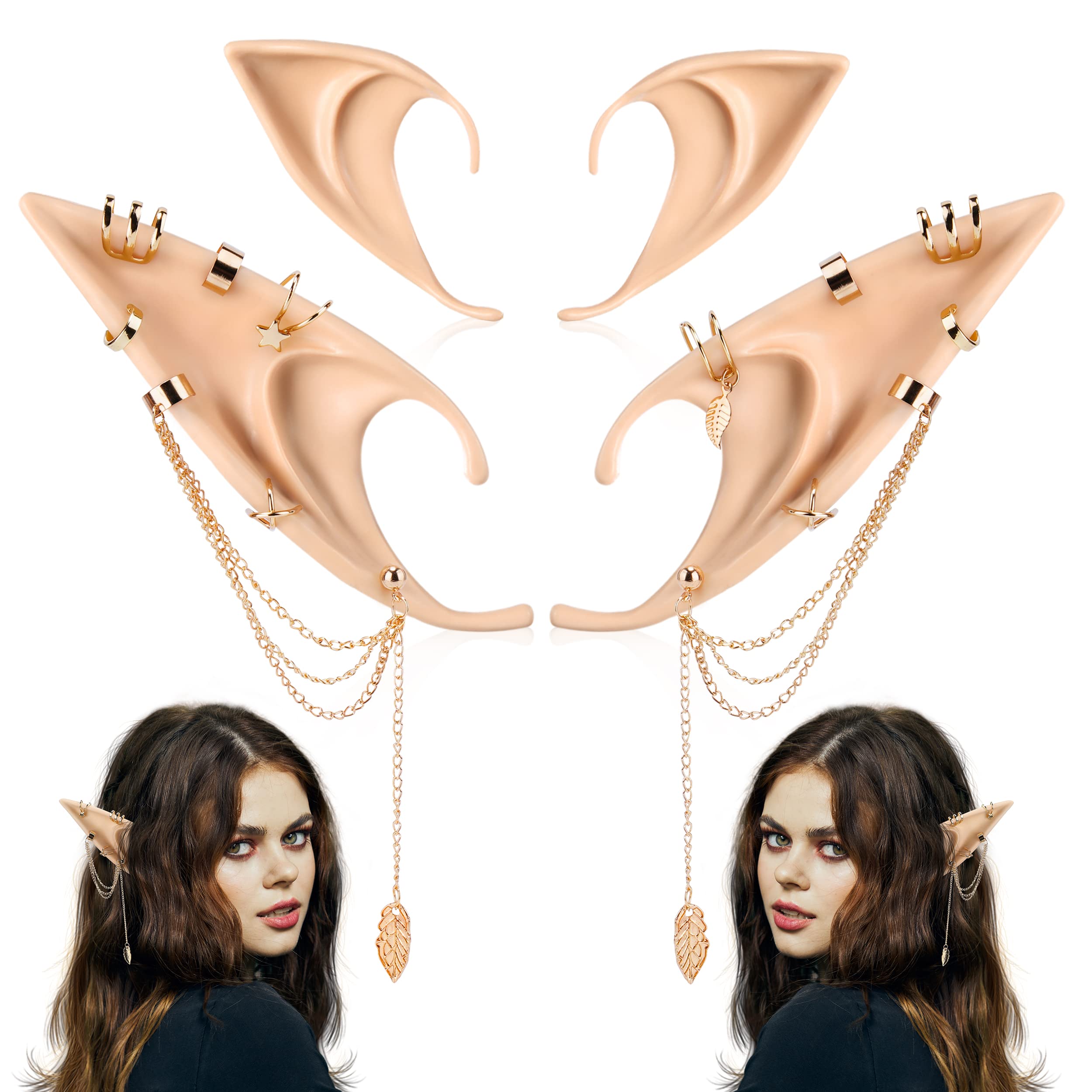 Photo 1 of FRESHME Elf Ears with Piercings, Soft Fairy Elf Ears with Non-Piercing Gold Tassel, Cartilage Clips for Women Halloween Costume Renaissance Renfaire Christmas Accessories