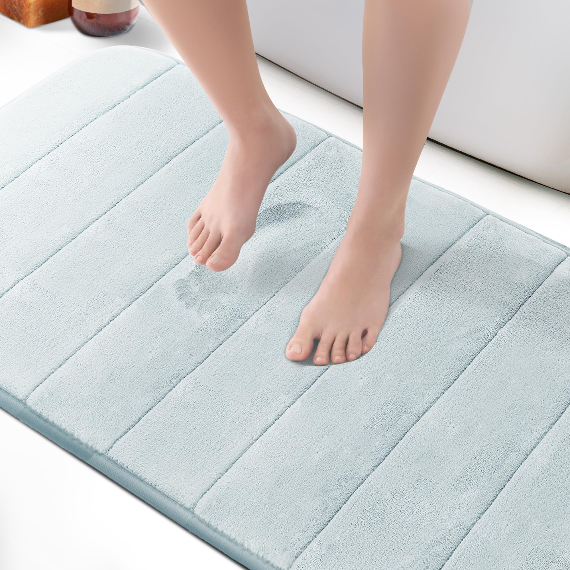 KEPLIN Memory Foam Bath Mat (Light Blue - 60 x 90cm), Ultra-Soft, Absorbent & Non-Slip Bathroom Mat, Machine Washable, Large Black Bathroom rug for Bath & Toilet Floors