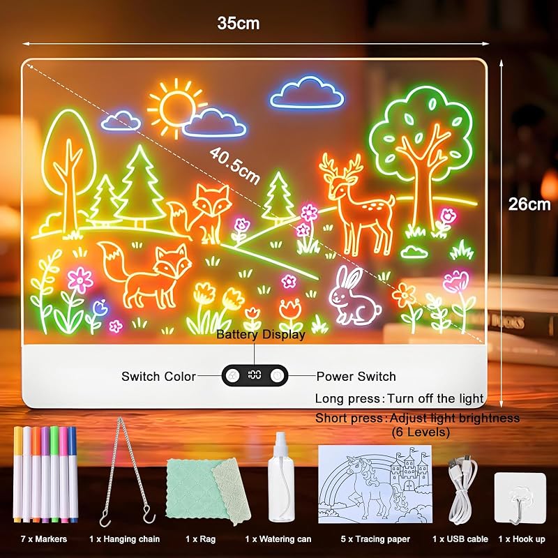 Quadro LED recarregável, quadro negro LED luminoso de 35 x 26 cm para crianças, 8 cores, 3 modos de iluminação, apagável, quadro mágico acrílico, presente criativo para crianças - branco — foto 2 de 8