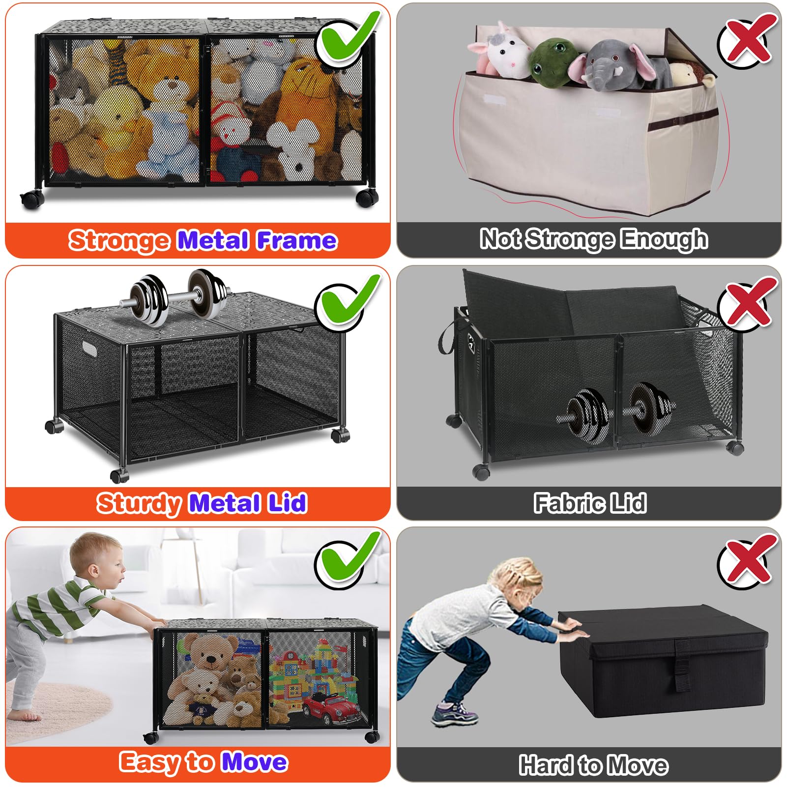 Haturi Large Metal Storage Box, 2 Pack Storage Organizers with Metal Lid, Sturdy Storage Bin with Wheels for Clothes, Blankets, Living Room, Bedroom, Office (Black Collapsible)