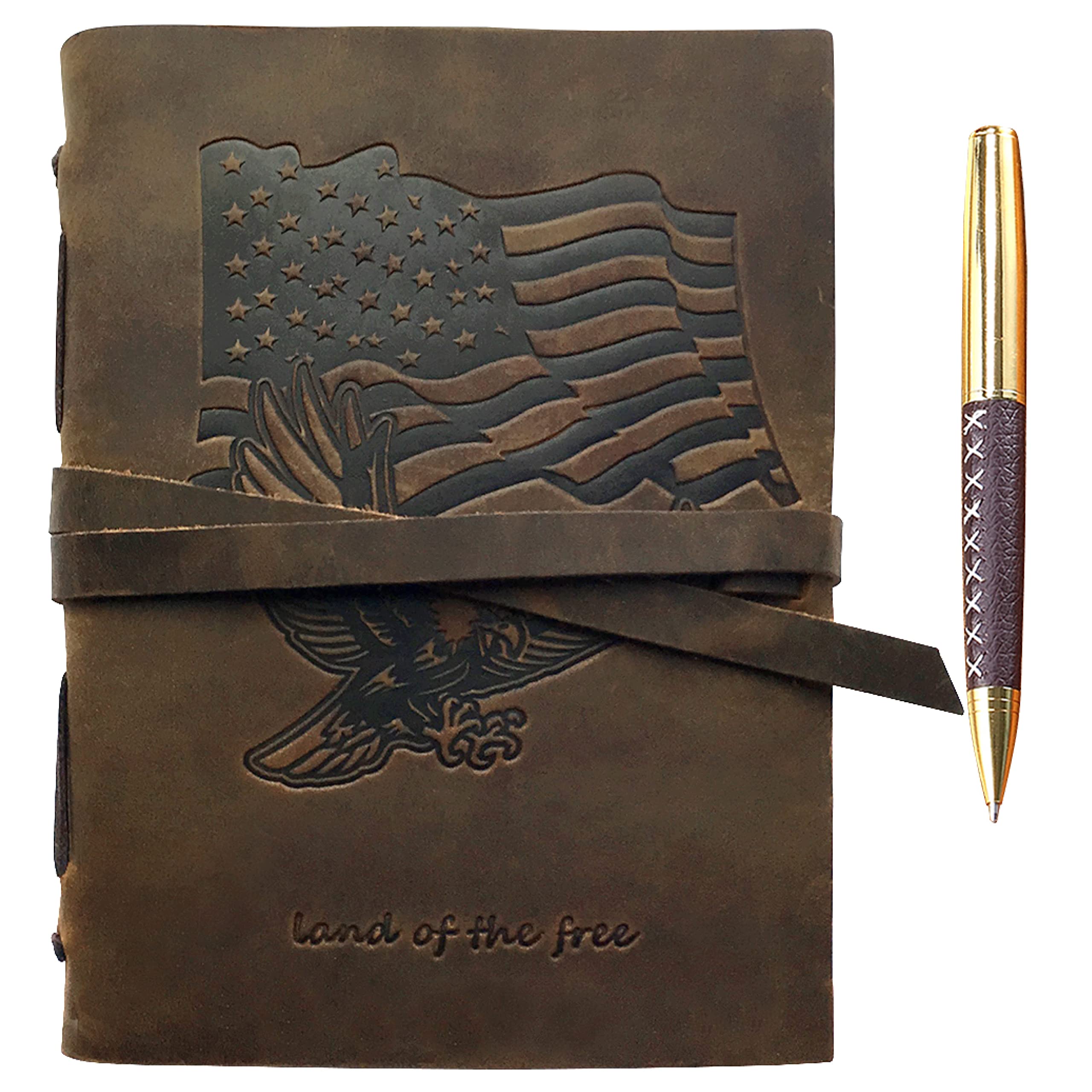 Patriotic Gift American Flag & Eagle Leather Journal Notebook USA Themed Gift | Embossed Design Handmade Travel Diary | A5 Vintage Writing for Men For Women Veteran Day Present Leather 6"x8" +Pen