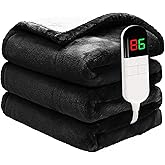PTQ Heated Throw Blanket 50"×60" - Premium Cosy Soft Electric Blanket with 6 Heating Levels,Fast Heating Flannel Sherpa Blanket for Bed & Couch - Auto Shut Off/Machine Washable (Black)