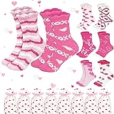 mzfoo 16 Pairs Valentine's Day Fuzzy Socks Pink Sock for Women Bulk Cozy Red Pink Heart Socks Fluffy Galentines Day Gifts Bulk