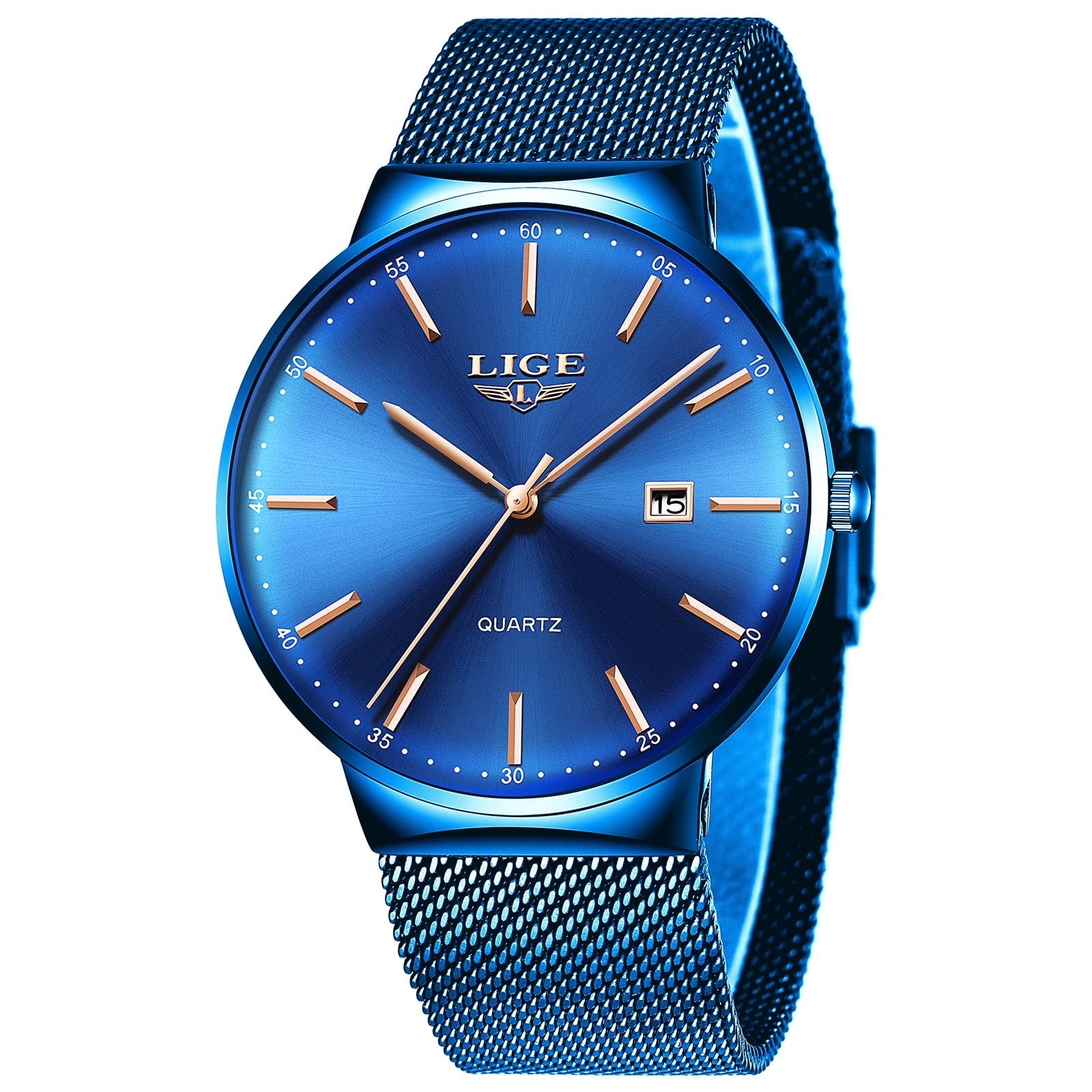 LIGE Mens Watch, Ultra-Thin Watches for Men, Quartz Analog, Stainless Steel 30M Water Resistance, Calendar Function, Classic & Elegant Style, Luxury Business Casual Style, Blue — image 1