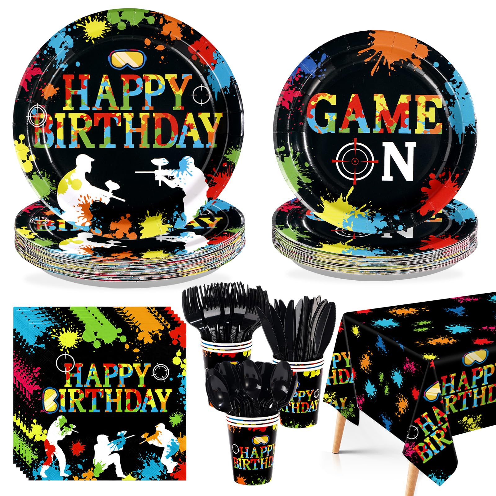 Photo 1 of 170Pcs Paintball Birthday Party Decorations Colorful Splash Shooting Game Themed Plates Napkins Cups Forks Knives Spoons Tablecloths for Kids Boy Birthday Baby Shower Holiday Party Supplies Serves 24