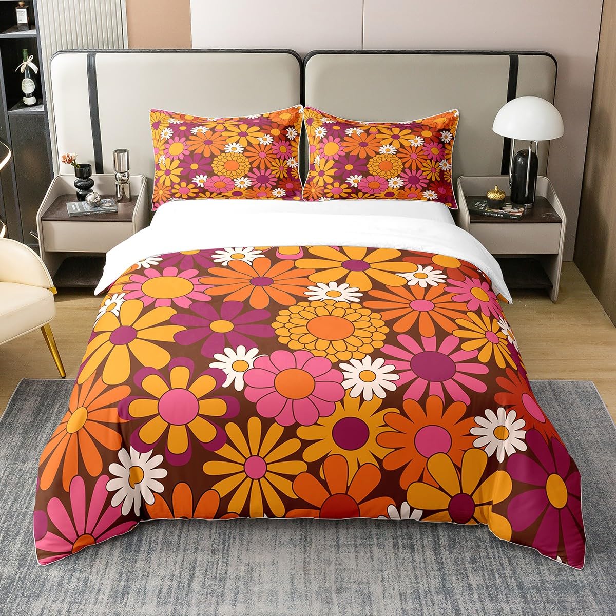 Loussiesd 60S 70S Groovy 100% Cotton Duvet Cover Double Size Retro Hippie Flower Comforter Cover Set for Vintage Boho Plant Floral Bedding Cotton Duvet Cover Set Blossom Colorful Bedspread Cover