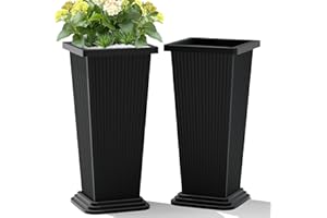 TUYOHW Set of 2 Large Tall Planter for Indoor or Outdoor 24" Tall Flower Pots Tapered Tall Planters with Tray for Porch, Patio, Backyard, Large Planters for Outdoor Indoor Plants(Black,Striped)