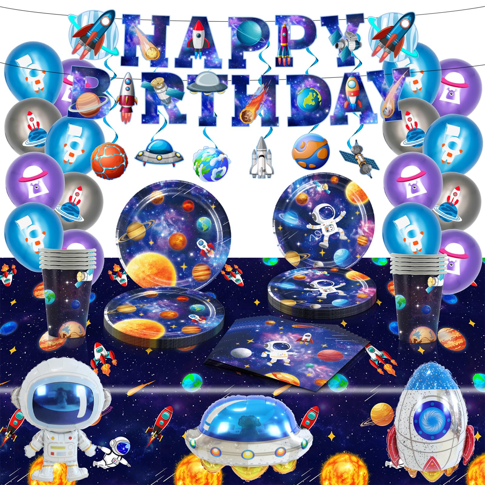 Photo 1 of Outer Space Birthday Party Supplies Space Party Tableware Set Including Happy Birthday Banner Astronaut Balloon Hanging Swirls Solar System Tablecloth Plates Cups Napkins for Kids Party Decorations
