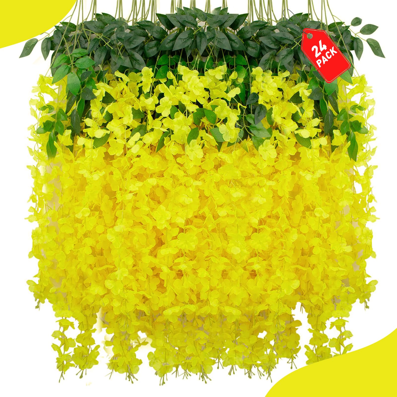 View 1 of 24 Pack Yellow Wisteria Hanging Flowers, 3.4 Ft Fake Hanging Flowers, Artificial Wisteria Garland Vines for Wedding Room Backdrop Outdoor Patio Garden Decoration