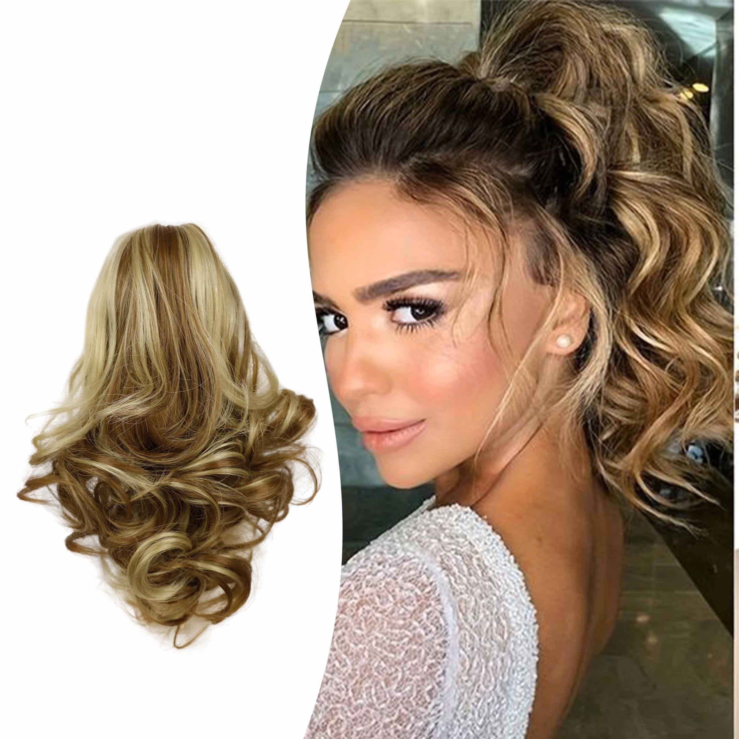 Gairyan 10" Clip in Ponytail Hair Extensions Curly Ponytail Extension Claw on Pony tails Wavy Synthetic Hairpieces for Women Real Natural Short Wave, Golden Brown & Natural Blonde โ image 1