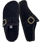 CUSHIONAIRE Haven Genuine Leather Clogs for Women – Faux Fur Lined Slip-On Womens Shoes with Cork Footbed and Adjustable Buckle