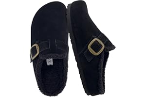 CUSHIONAIRE Haven Genuine Leather Clogs for Women – Faux Fur Lined Slip-On Womens Shoes with Cork Footbed and Adjustable Buckle