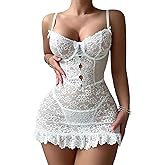 Foxiny Sexy Mini Bows Ruffle Cutout Floral Lace Sheer Babydoll Lingerie Dress with Thong 2 Piece