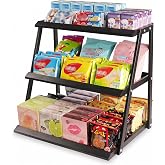3-Tier Carbon Steel Cupcake Stand,Countertop Candy&amp;Snack Display Rack,Black | Reversible detachable shelves, stable trapezoid frame, ideal for retail shop, kitchen, office food storage organization