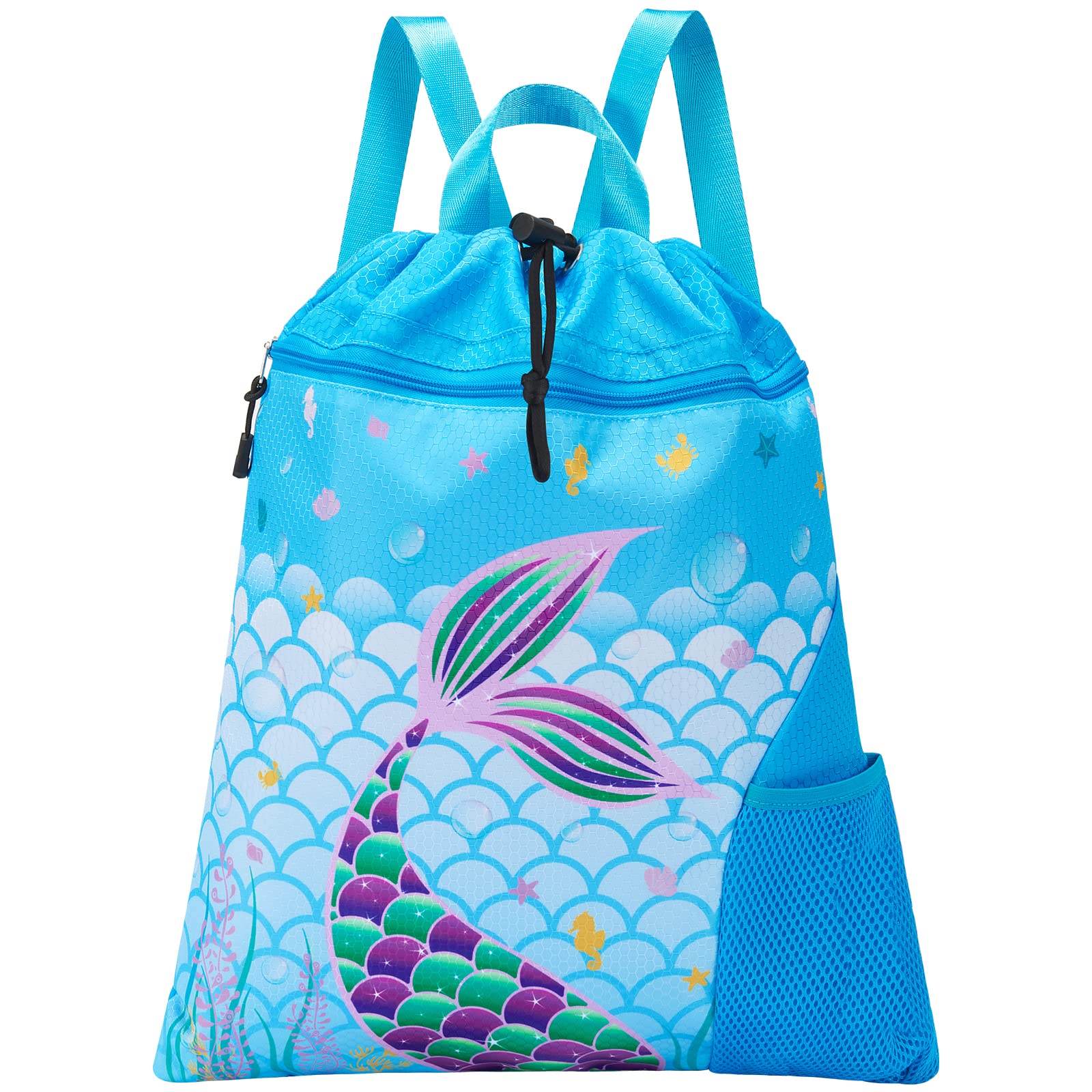 WAWSAM Mermaid Swim Drawstring Bag - 38 × 45 cm Sports Gym PE Bag for Girls Kids Waterproof Swimming Beach Shopping Yoga Backpack and Drawstring kids with Zippered Pocket and Water Bottle Pocket