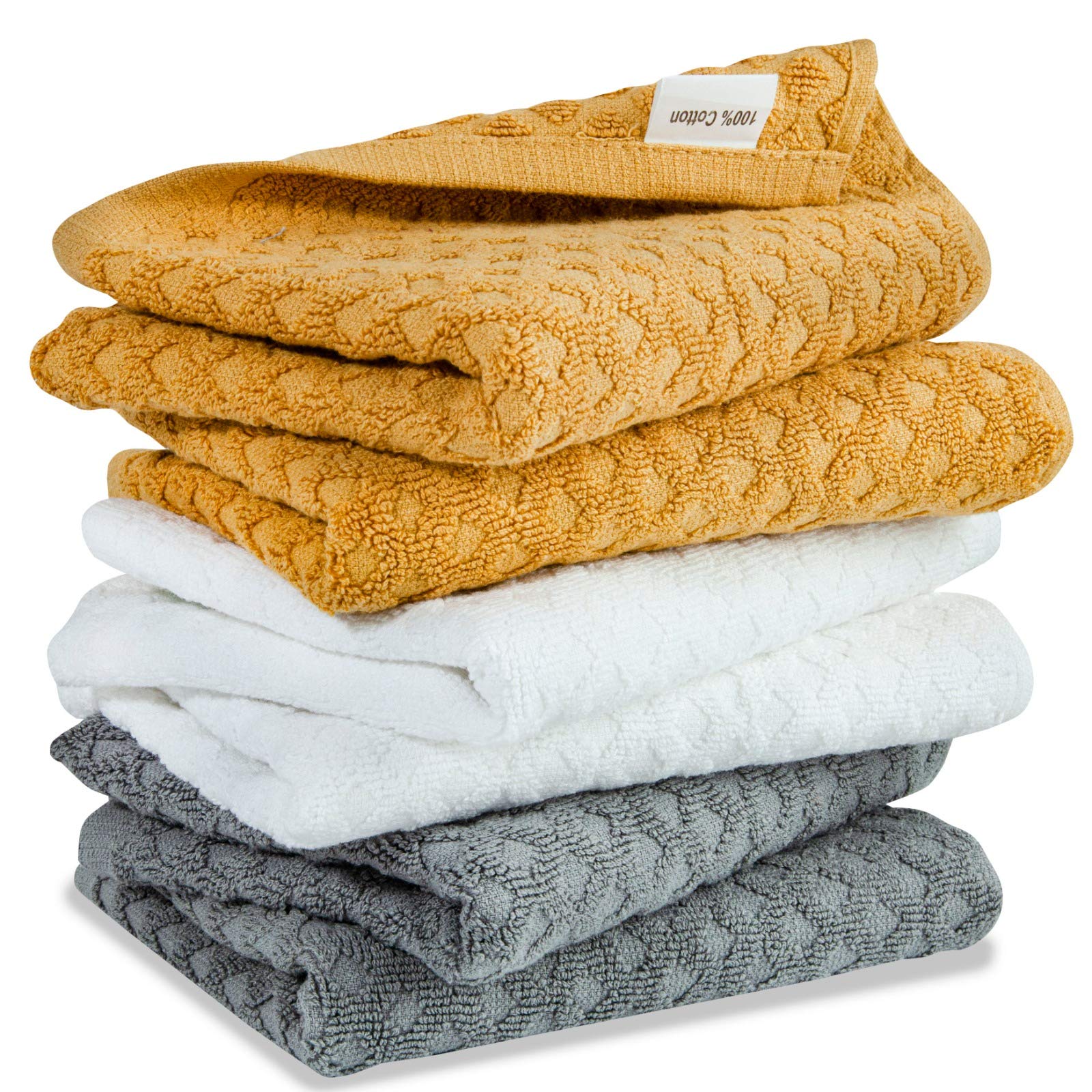 SO Products Pack of 6 Kitchen Towel Set Ideal for Use as Kitchen Towels Hand Towels and Wash Cloths. Each Set Contains 2 Mustard Towels, 2 Grey Towels, 2 White Towels in Chunky Weave Design.,40x60 cm
