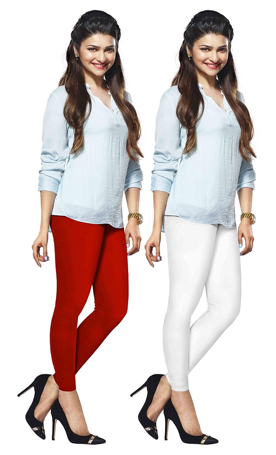 lux lyra women's cotton ankle length leggings (red and white, free size) - set of 2