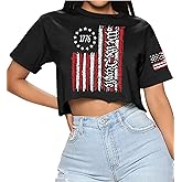Women's 4th of July Casual Crewneck T-Shirts Memorial We The Peple Graphic Crop Tops 1776 Patriotic Black XL
