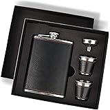 Hip Flask Gift Set, Hip Flasks for Liquor for Men with Black Leather Cover, 8 Oz Hip Flask Set, 18/8 Stainless Steel Hip Flas