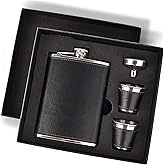 Hip Flask Gift Set, Hip Flasks for Liquor for Men with Black Leather Cover, 8 Oz Hip Flask Set, 18/8 Stainless Steel Hip Flasks for Liquor with 2 Cups & Funnel, Flasks for Liquor for Men Gift Box1