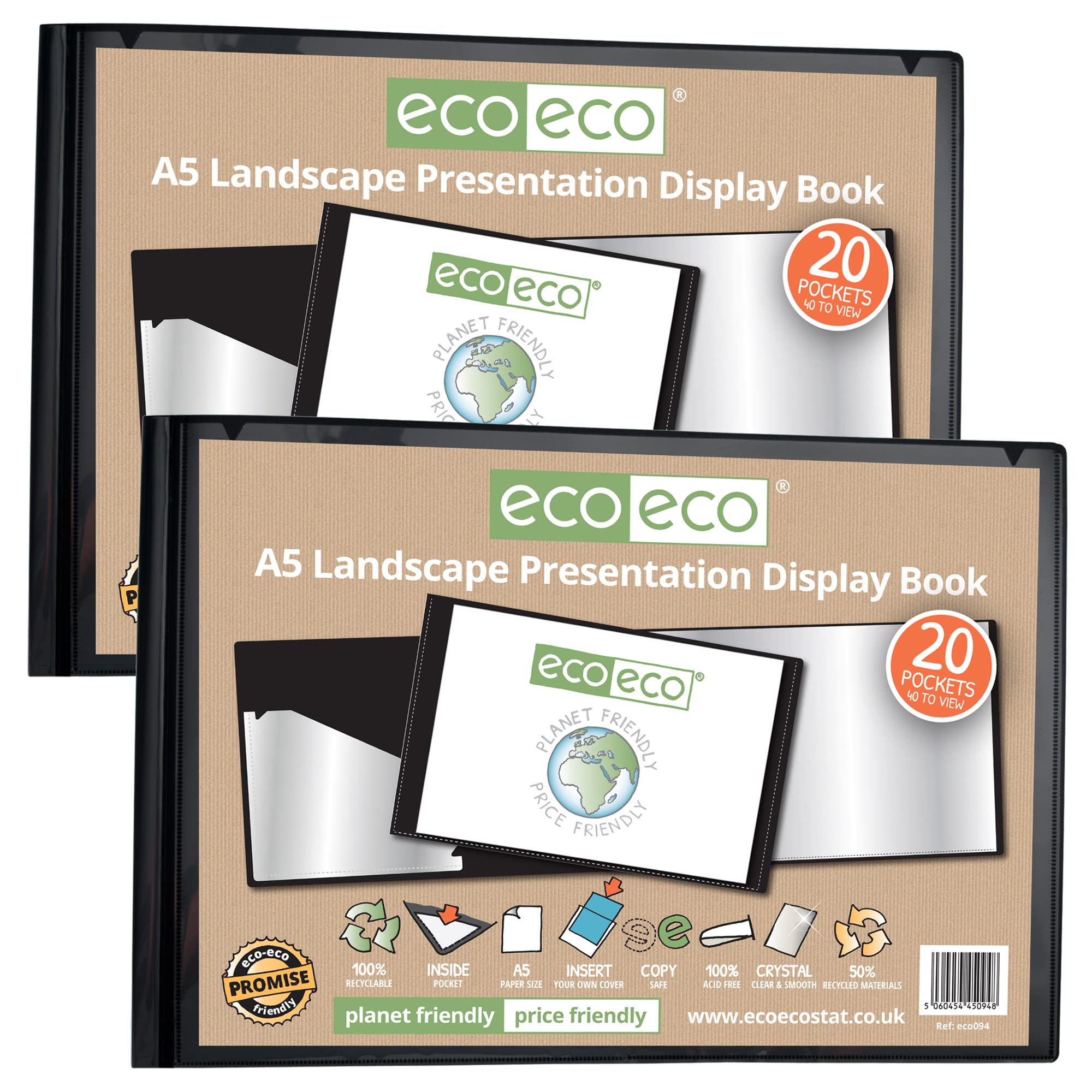 eco-eco A5 50% Recycled 20 Pocket Black Landscape Presentation Display Book, Storage Case Portfolio Art Folder with Plastic Sleeves, (Pack of 2), eco094x2 — image 1