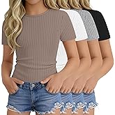 Oakgarden 4 Pack Girls' Short Sleeve Shirts Ribbed Knit Crew Neck Tops Slim Fit Casual T-Shirt Kids Summer Basic Tees 5-14Y