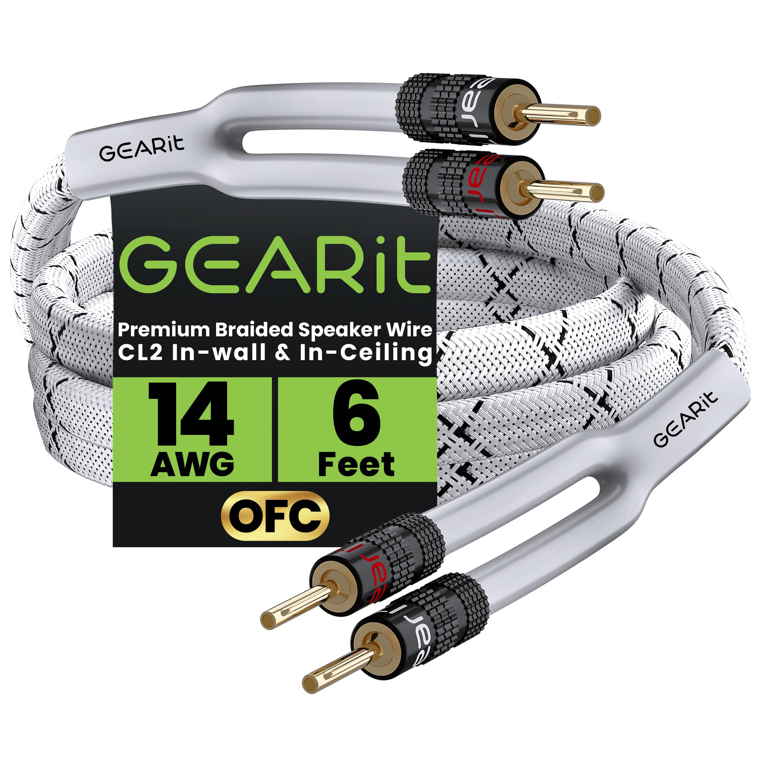 GearIT Hi-Fi 2x2.5mm≤ Speaker Wire with Banana Plugs (1.821 Meters - White) OFC Oxygen-Free Copper, CL2 In-Wall Speaker Cable, Heavy-Duty Braided - 14 Gauge AWG, 3 Feet