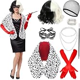 Kenerowd Cruel Devil Costume Women Black &amp; White Spotted Wrap Cape- Halloween Outfit with Wig, Dress, Red Gloves
