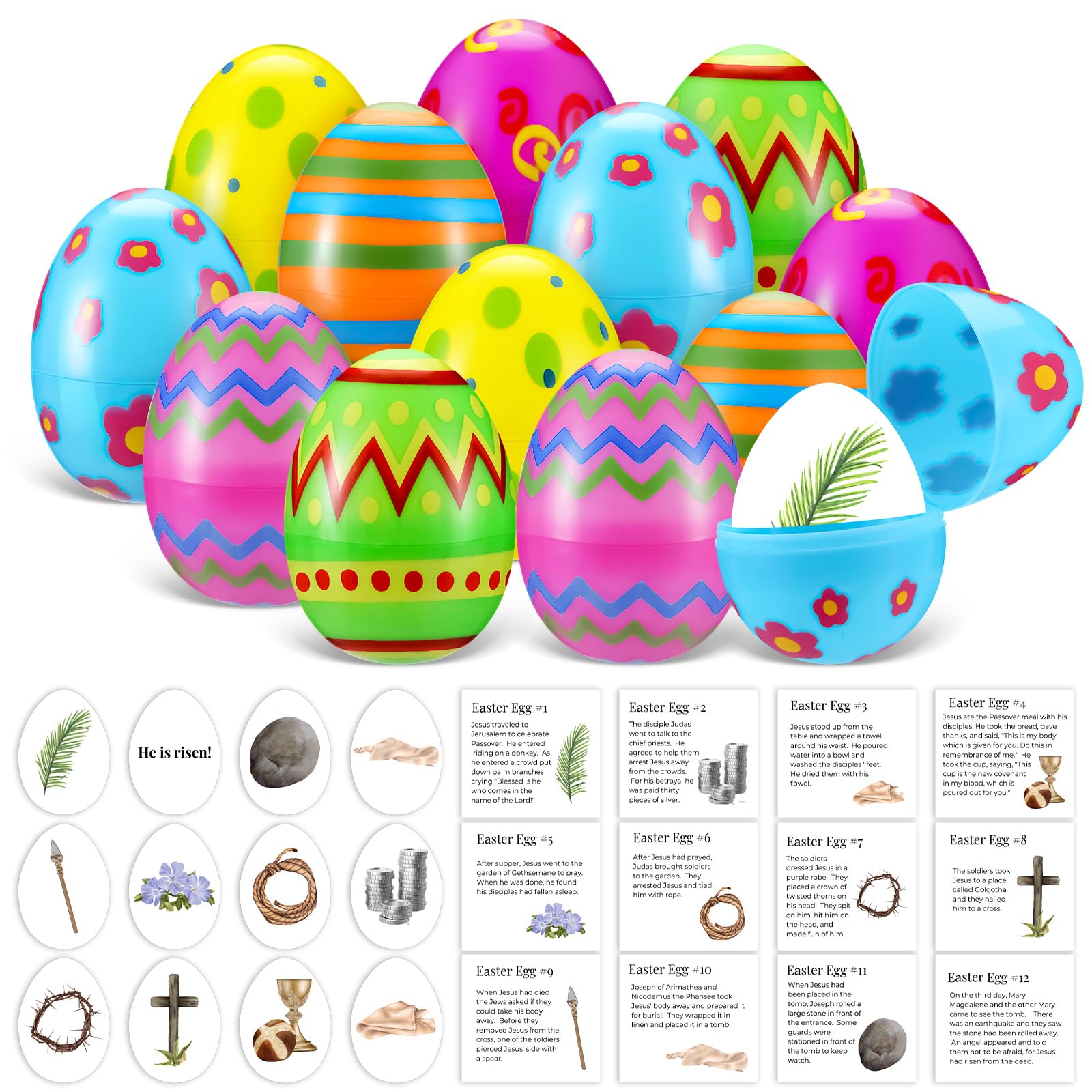 MiniInflat 12 Pcs Resurrection Easter Story Eggs with Matching Religious Easter Story Cards Holy Week Cards Christian Empty Eggs for Basket Stuffers Christian Decor (Novelty)