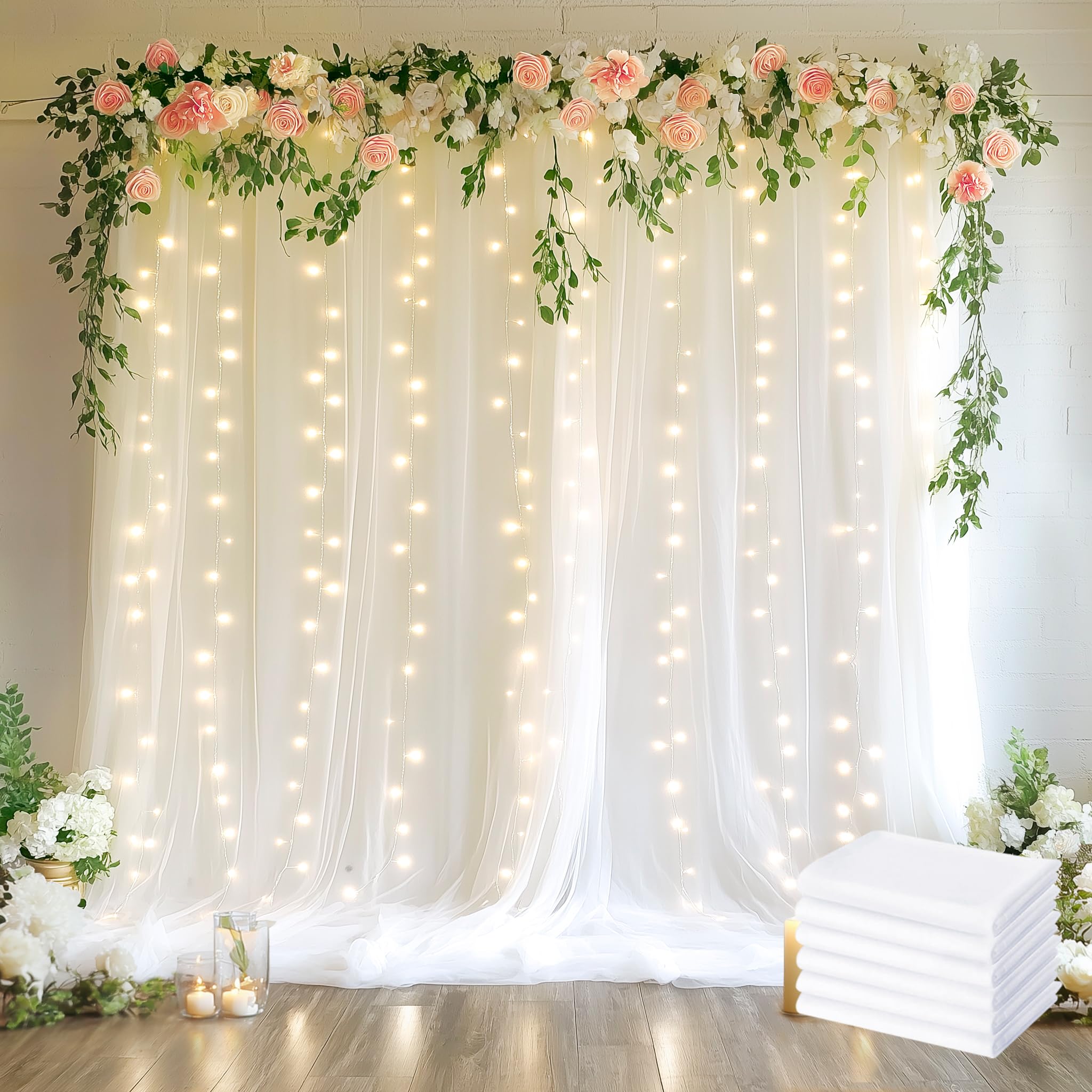 Photo 1 of Fomcet Tulle Backdrop Curtains White 30FT X 8FT Tulle Curtains with Lights String Sheer Backdrop Curtain for Parties Wedding Baby Shower Photo Shoot Decorations (6 Panels 5 x 8FT)