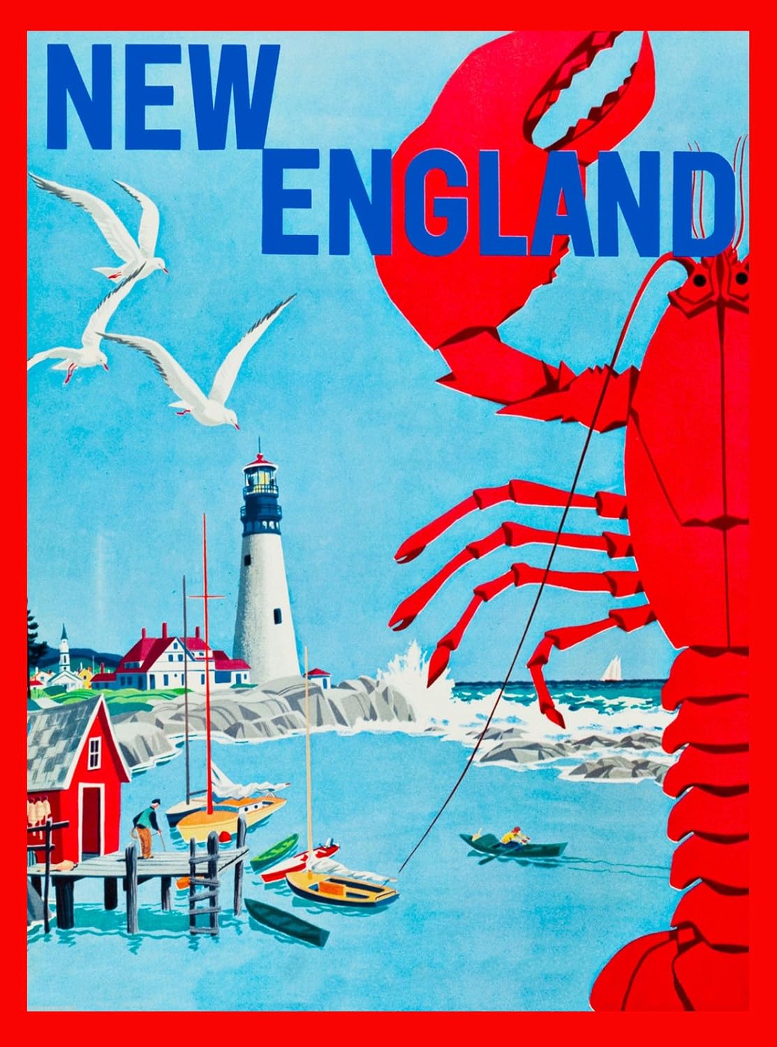 NEW ENGLAND LOBSTER LIGHT HOUSE Fridge MAGNET 2" x 3" art VINTAGE TRAVEL souvenir