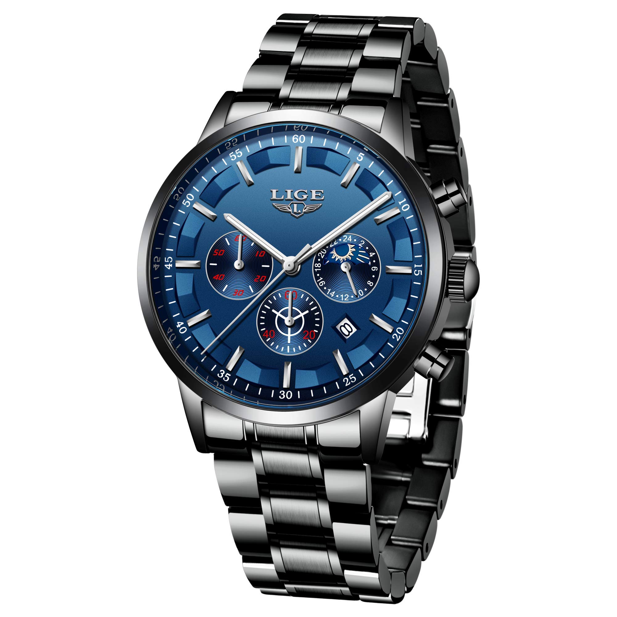 LIGE Mens Watches Waterproof Sports Quartz Watches Chronograph Stainless Steel Black Watch for Men