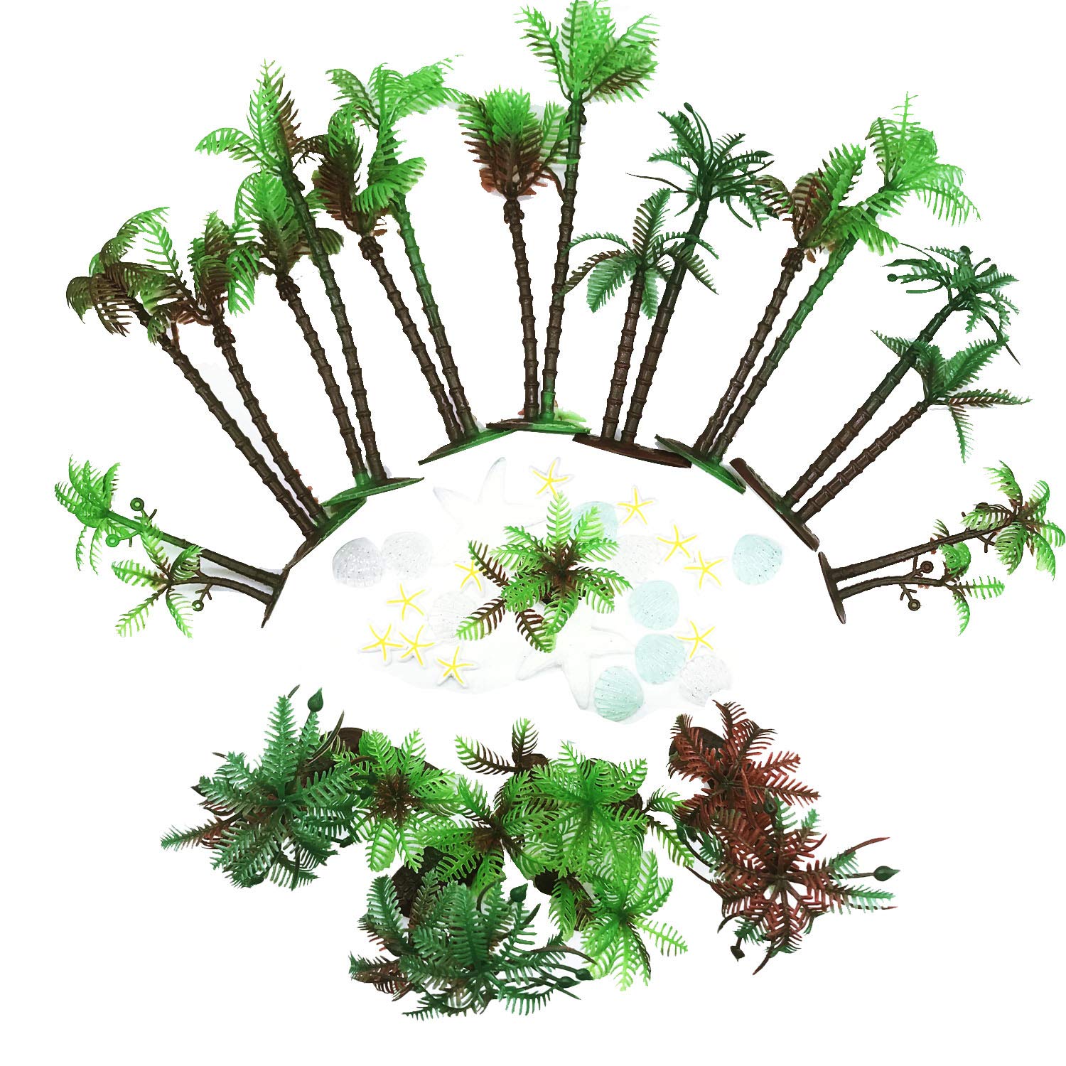 Allazone 42 PCS Coconut Palm Tree, 20 PCS Mini Plastic Artificial Palm Tree, 22 PCS Shell and Starfish for Cupcake Topper, Cake Decorations, Aquarium Plants, Building Model Landscape