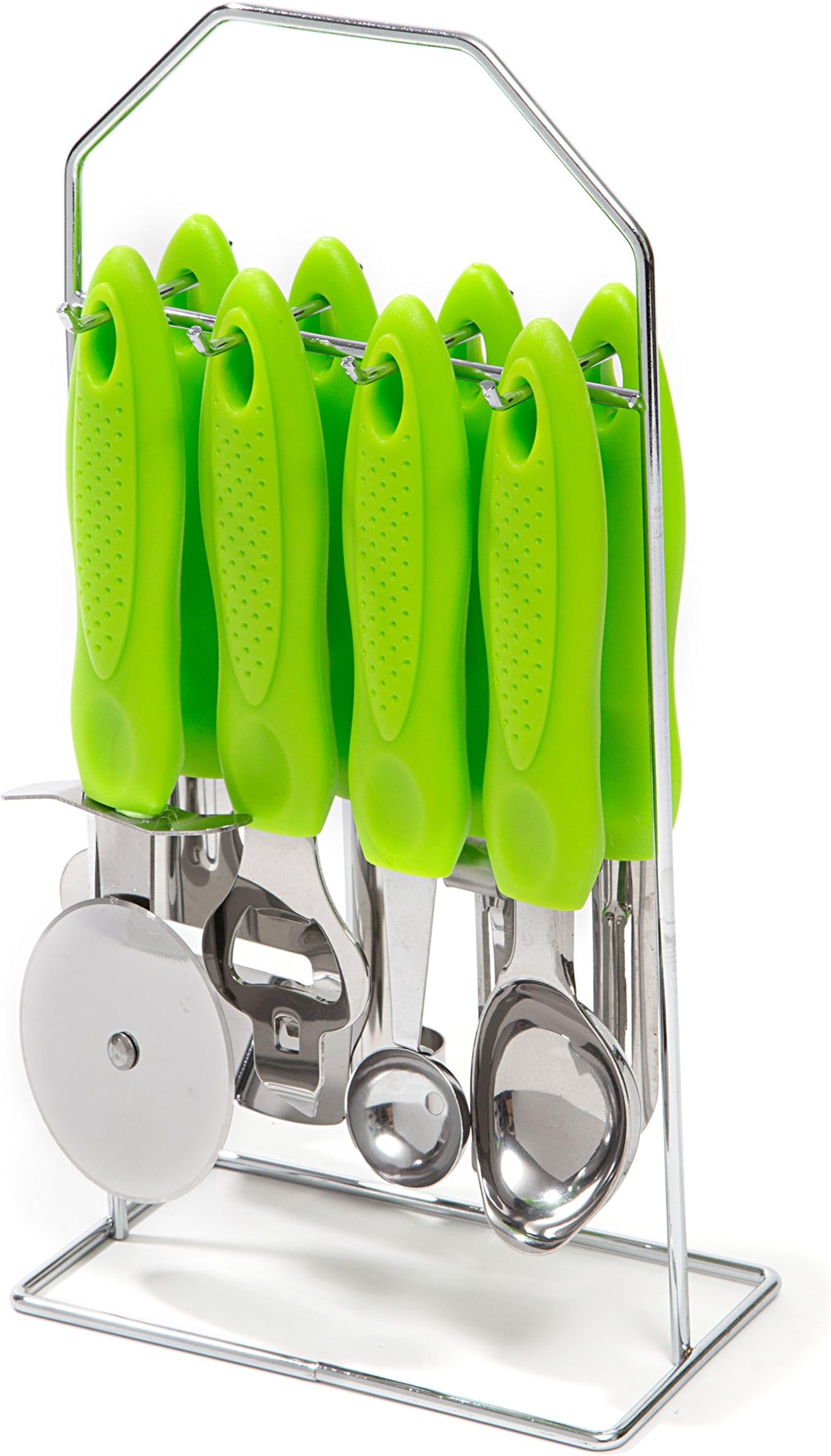 HULLR 9-Piece Stainless Steel Kitchen Gadgets Tools Set, Pizza Cutter, Can Opener, Peeler, Ice Cream Scoop, Melon Baller, Corer, Swivel Peeler, Cheese Shaver With Metal Stand