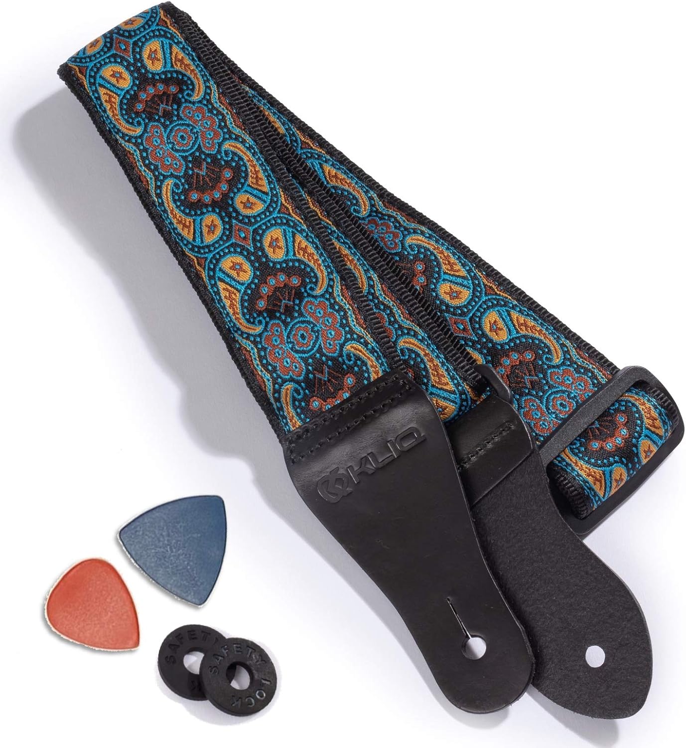 KLIQ Vintage Woven Guitar Strap for Acoustic and Electric Guitars + 2 Free Rubber Strap Locks, 2 Guitar Picks and 1 Lace