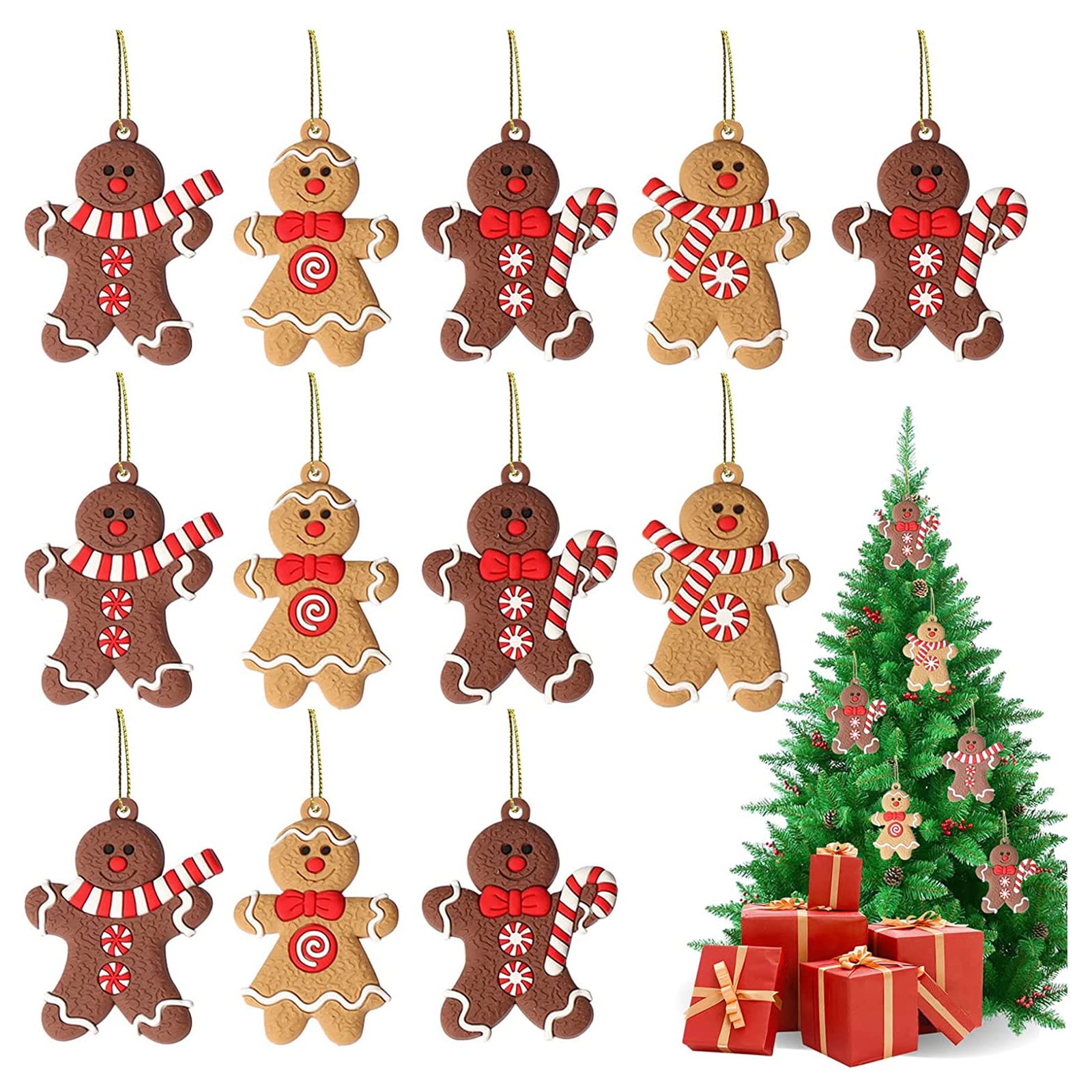 Vecibel Christmas Tree Decorations 12 Pieces Gingerbread Man Traditional Ginger Man Christmas Tags for Christmas Tree Hanging Home Christmas Party Decoration Gingerbread Man A, 7 x 5 cm