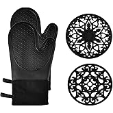 Domonic Home Oven Mitts and Pot Holders Sets, Silicone Oven Mitts Heat Resistant 600F, Soft Lining Good Grip Oven Mitts Sets, Oven Gloves and Silicone Trivet 4-Piece Set,Black