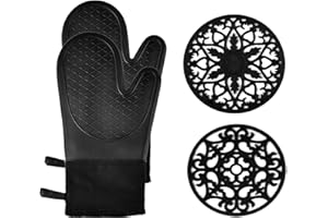 Domonic Home Oven Mitts and Pot Holders Sets, Silicone Oven Mitts Heat Resistant 600F, Soft Lining Good Grip Oven Mitts Sets, Oven Gloves and Silicone Trivet 4-Piece Set,Black