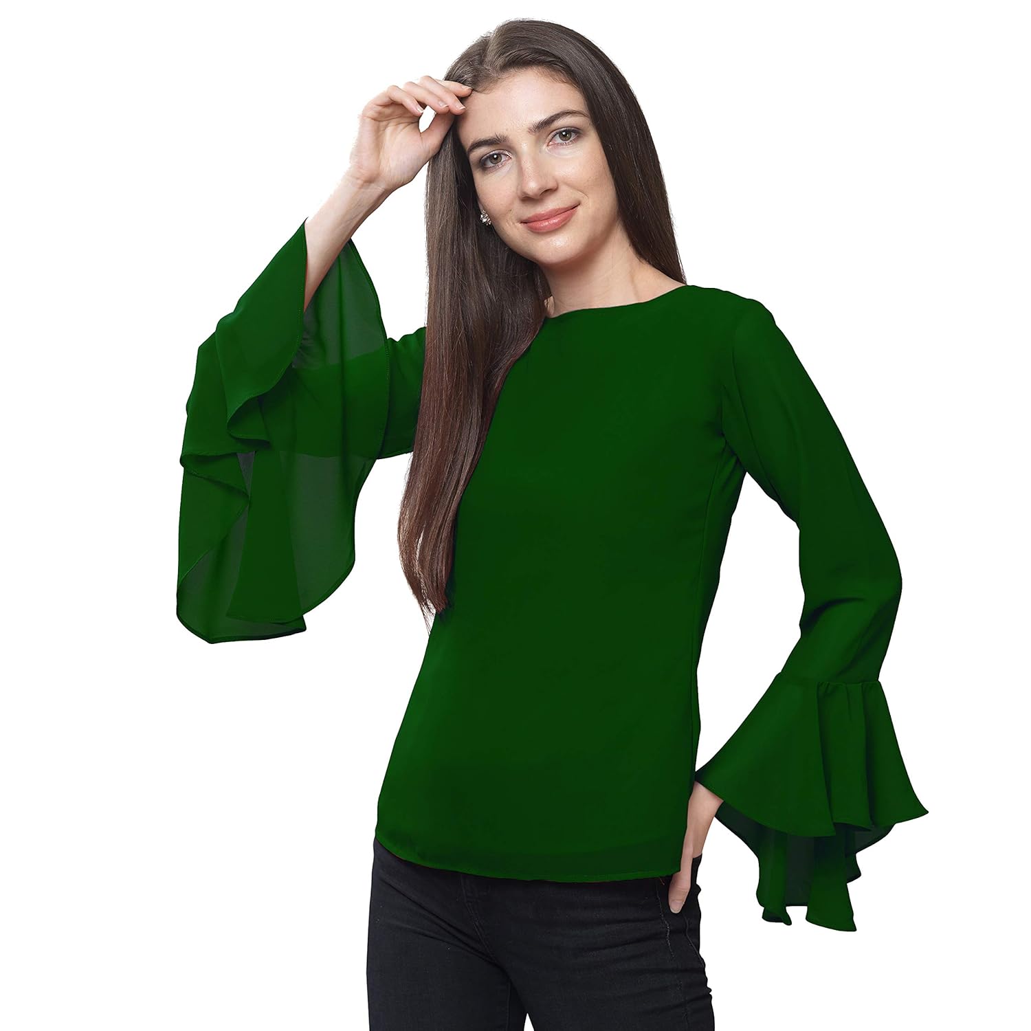 Buy FabBucket Women's Bottle Green Regular fit top with Bell