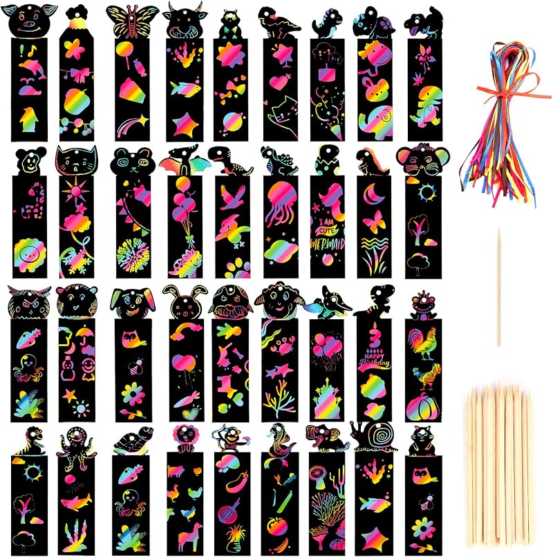 Yafe 36 Pcs Scratch Art Party Bags Fillers Rainbow Bookmarks with 36 Ropes