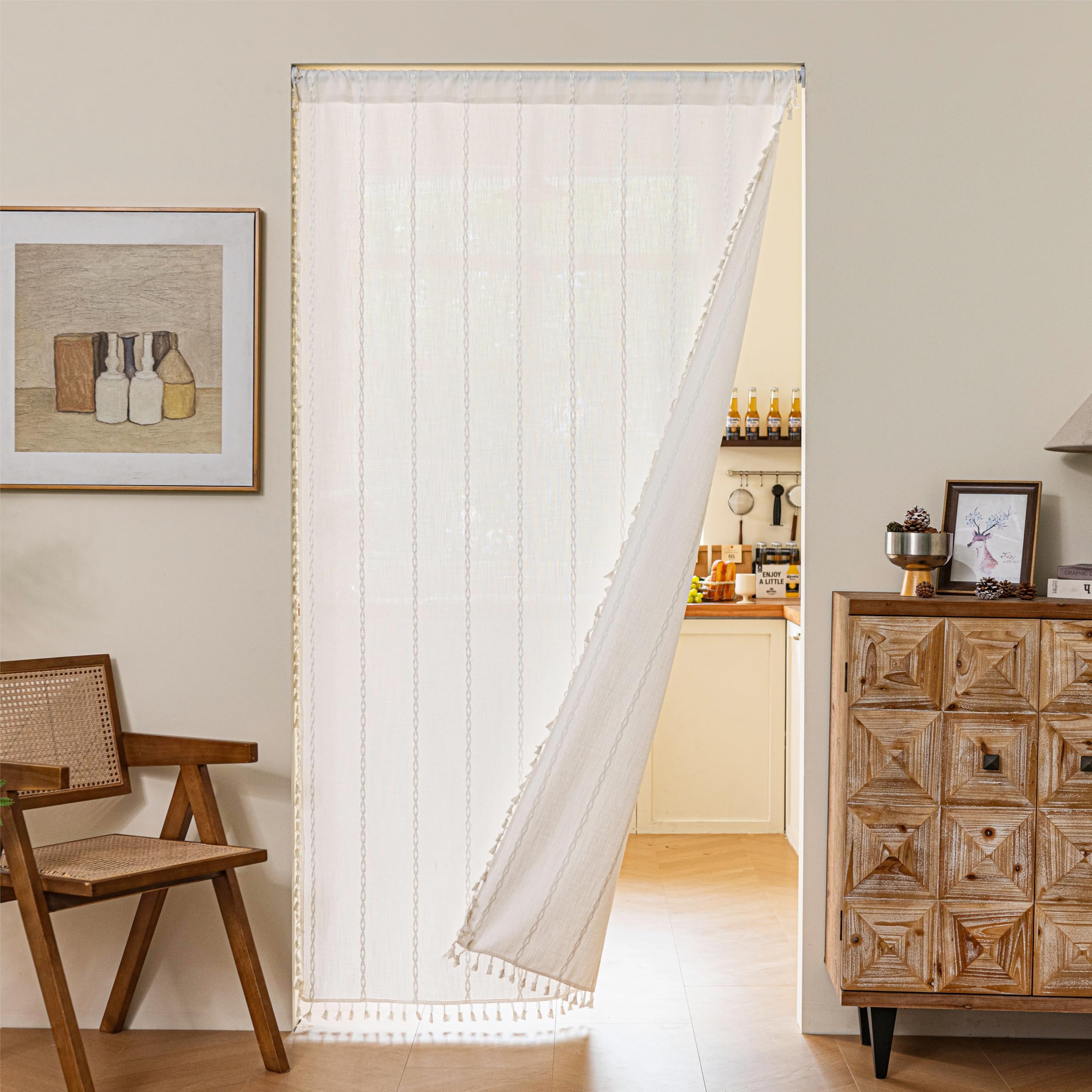Photo 1 of Sutuo Home Door Curtains for Doorway, Light Filtering Curtains Privacy Bohemian Embroidery Drape Decor for Temporary Room Dividers Bedroom Living Room, Rod Pocket 1 Panel 37" W x 80" L, White