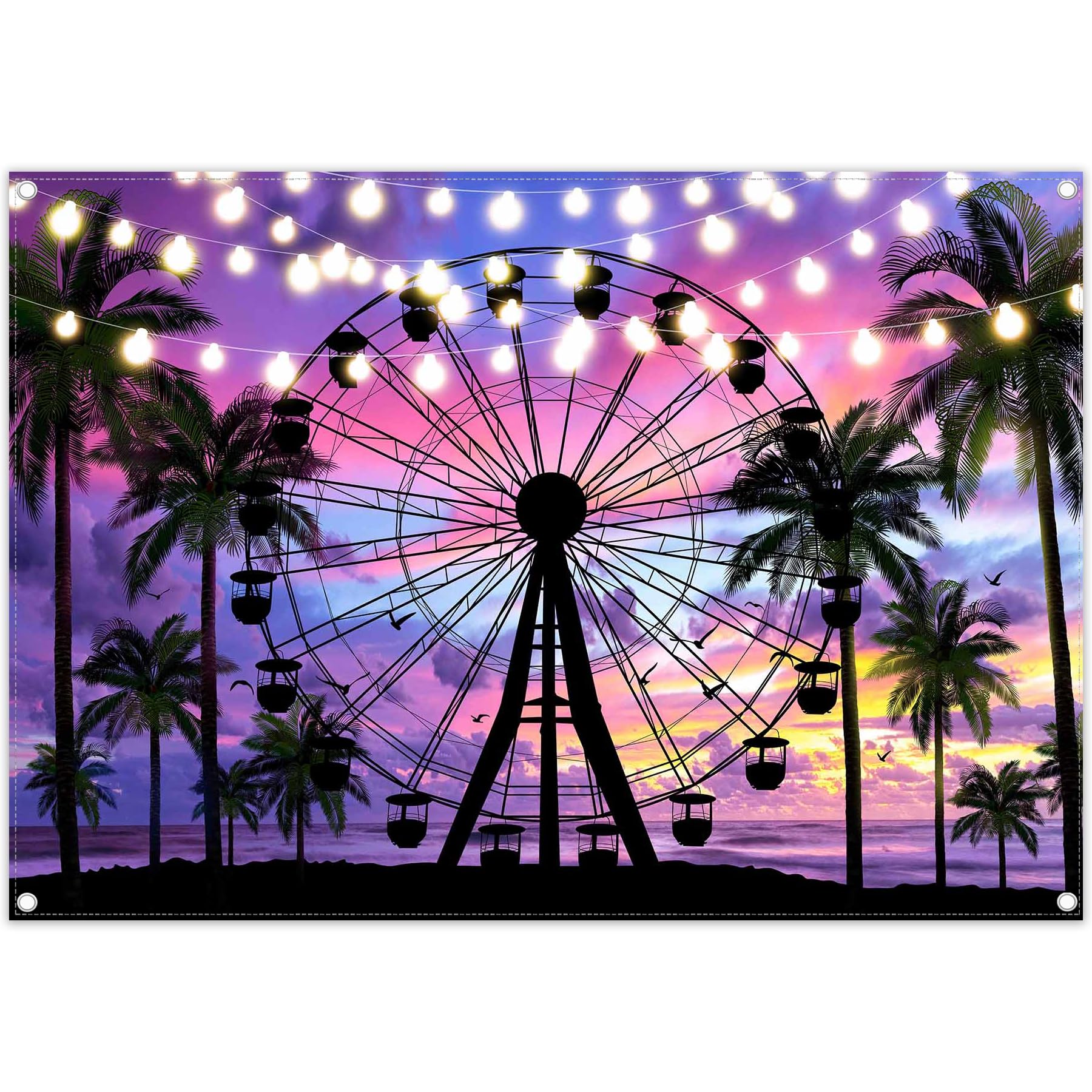 Photo 1 of Monalivest 7x5ft Summer Seaside Ferris Wheel Backdrop Sunset Tropical Palm Tree Sparkling Lights Photography Background Festival Party Decorations Photo Props