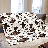 Queen Size Blanket for Bed Couch, Oversized Soft Plush Fleece Queen Cow Print Throw Blanket, Brown White Western Decor for Bedroom Living Room Dorm, Lighweight, All Seasons Use 90"x90"
