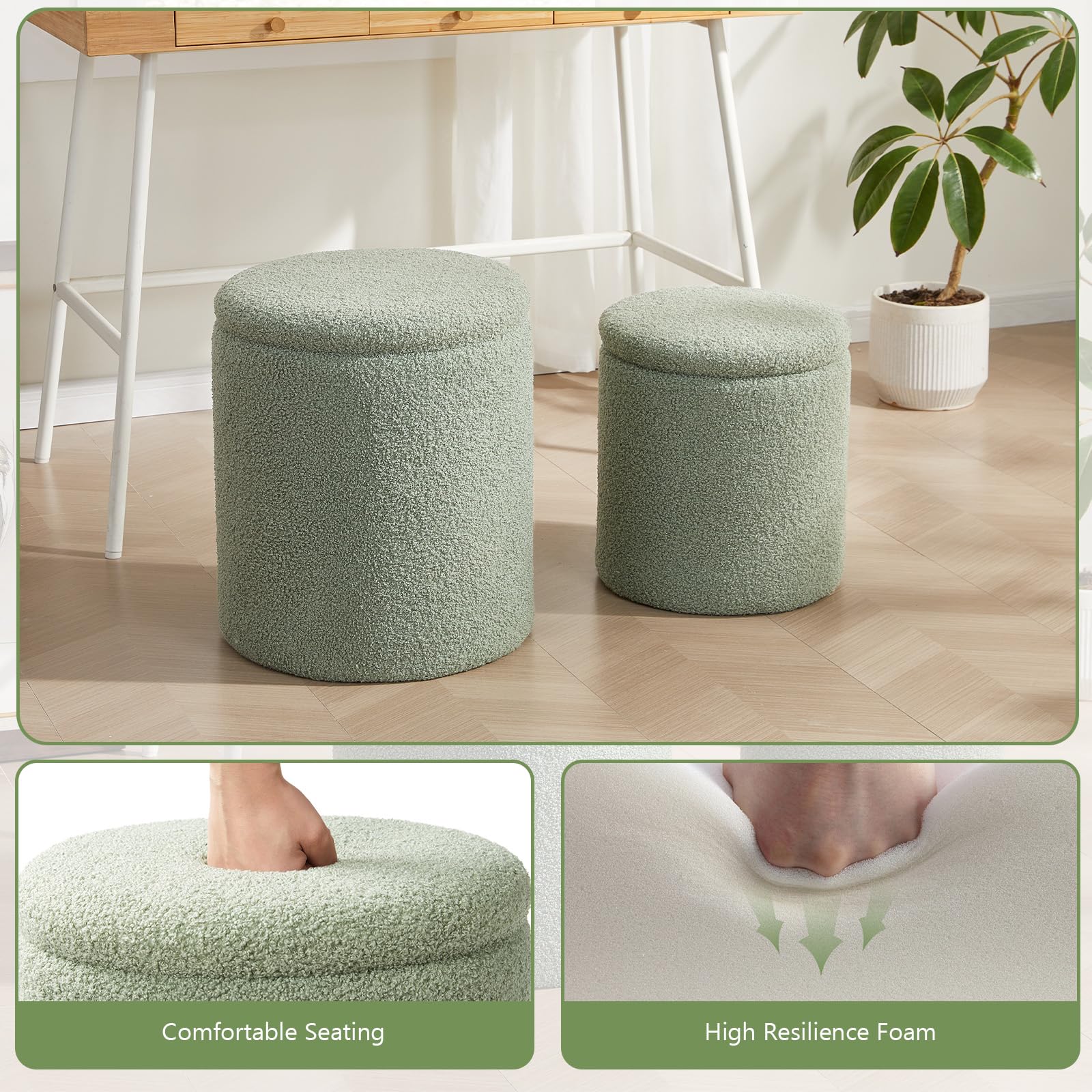 Royal Windsor Boucle Round Ottoman with Storage Set of 2,Small Foot Stool Ottoman for Living Room, Ottoman Coffee Table,Vanity Stool with Storage for Bedroom, Green - Image 5