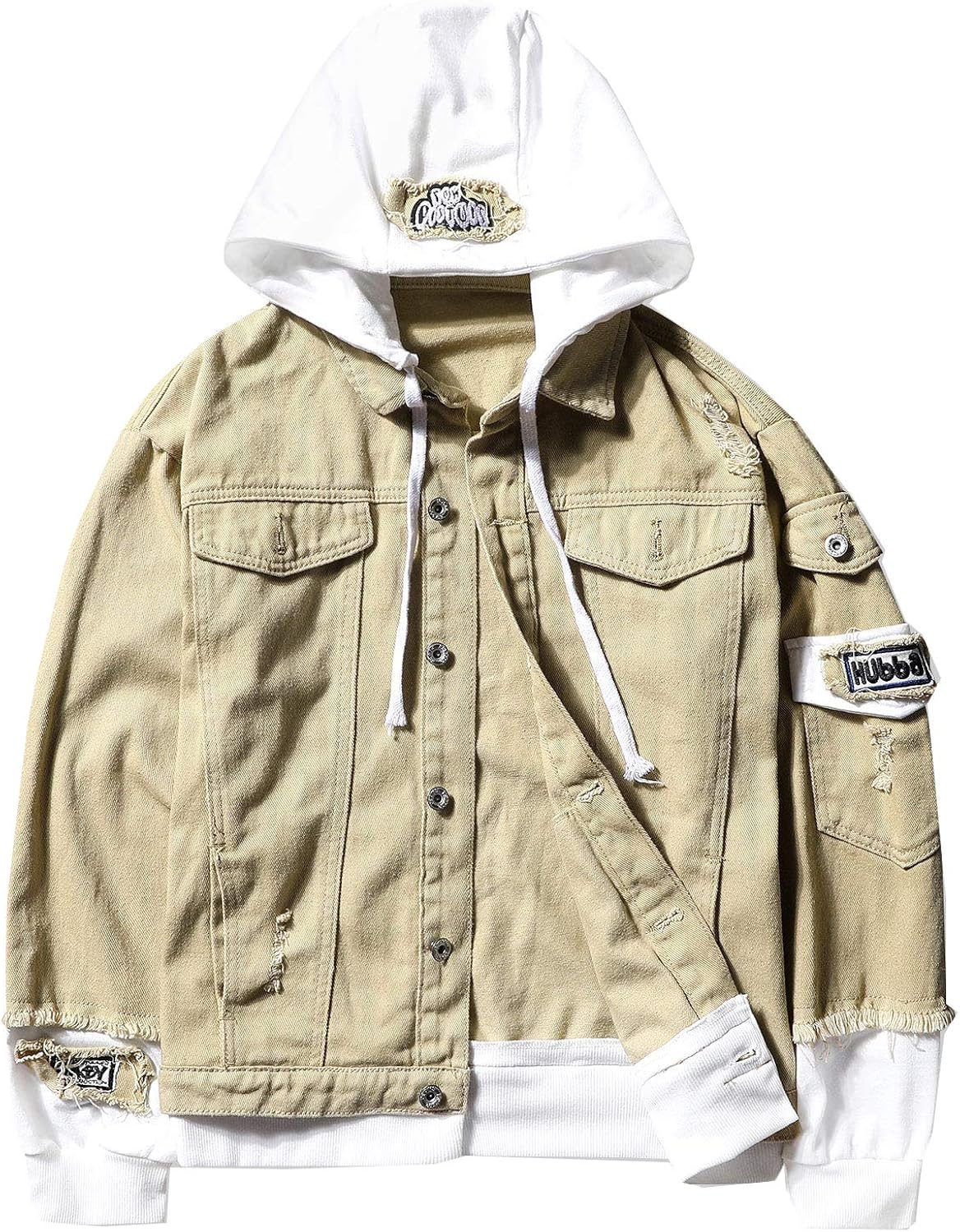 casual faux pocket ripped letter number applique hooded jacket